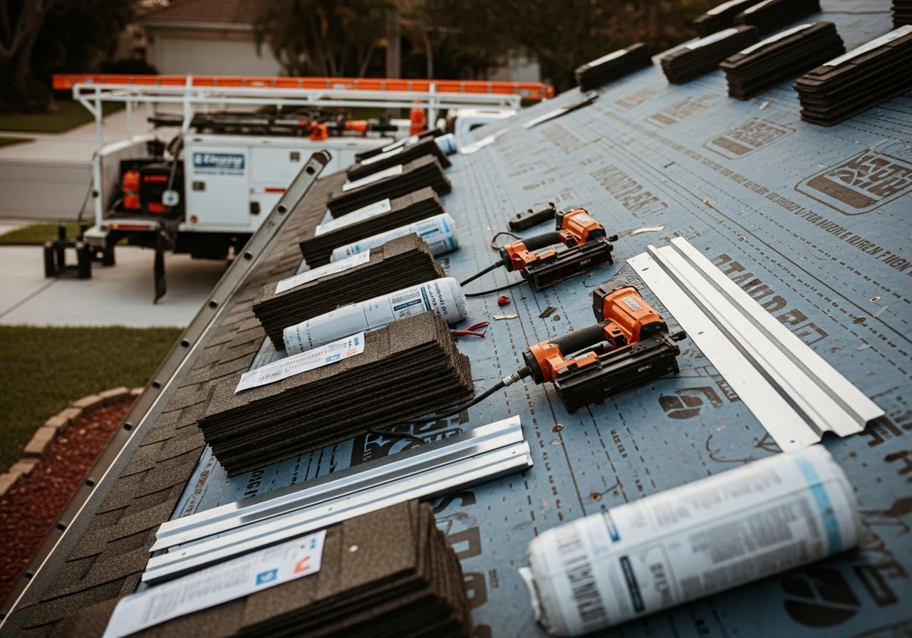 Roofing crew with tools and equipment on a residential roof, demonstrating professional installation and repair work.