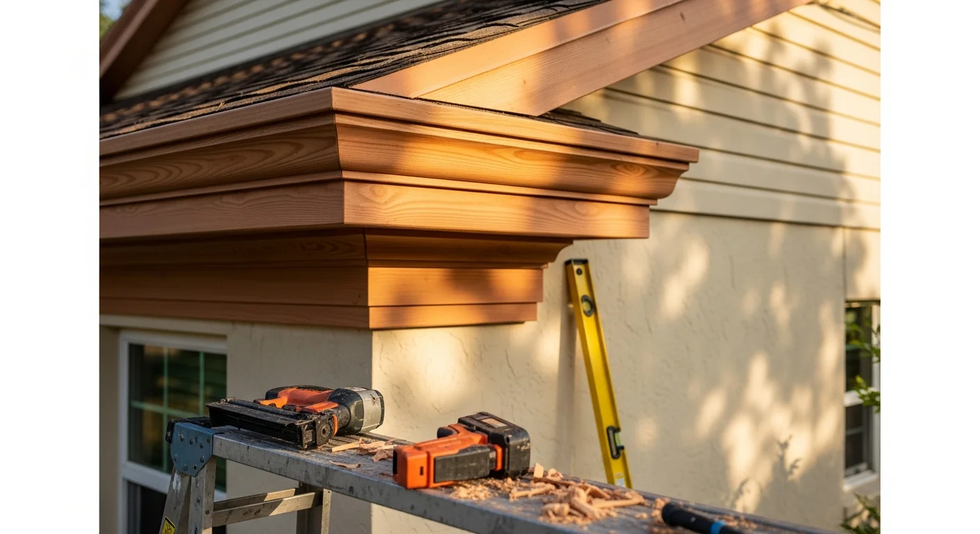 Carpenter installing custom wood trim on residential home