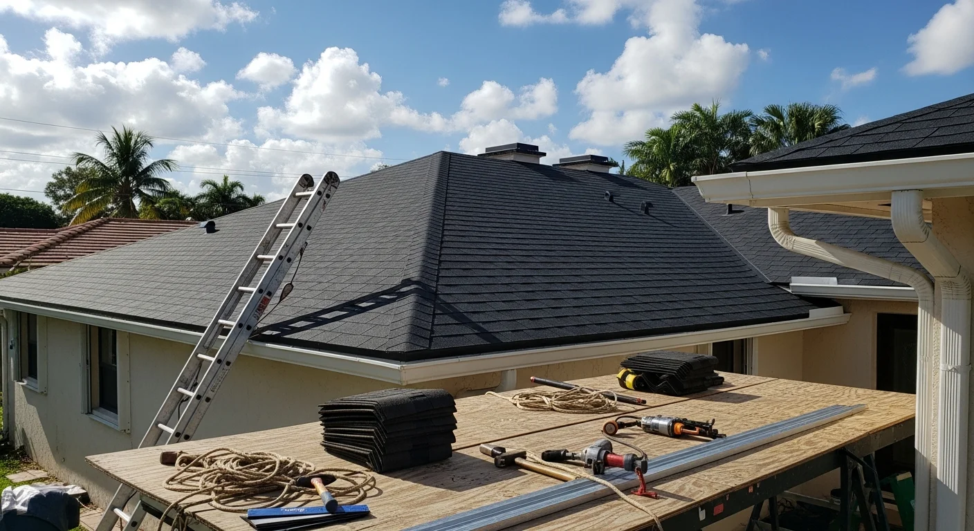 Professional roofer installing shingles on residential roof