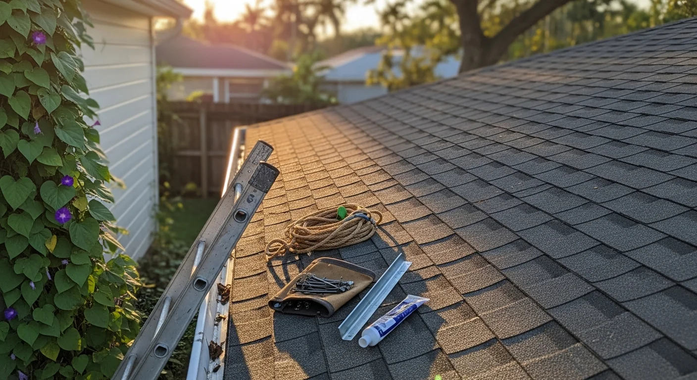 Roofer repairing damaged shingles on residential roof