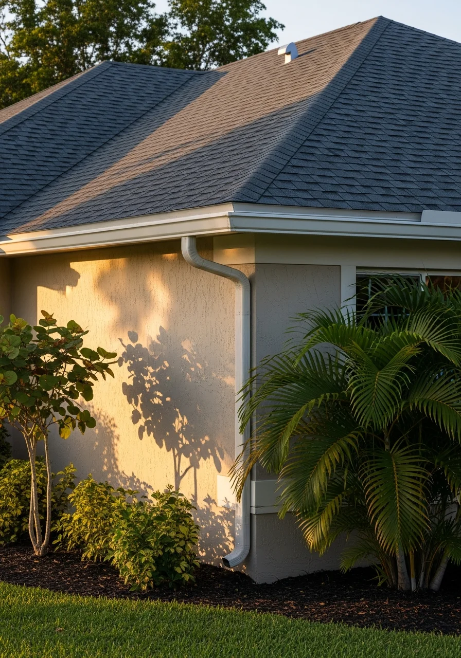 Detail view of a Broward County home exterior with modern finishes and tropical landscaping typical of the region.