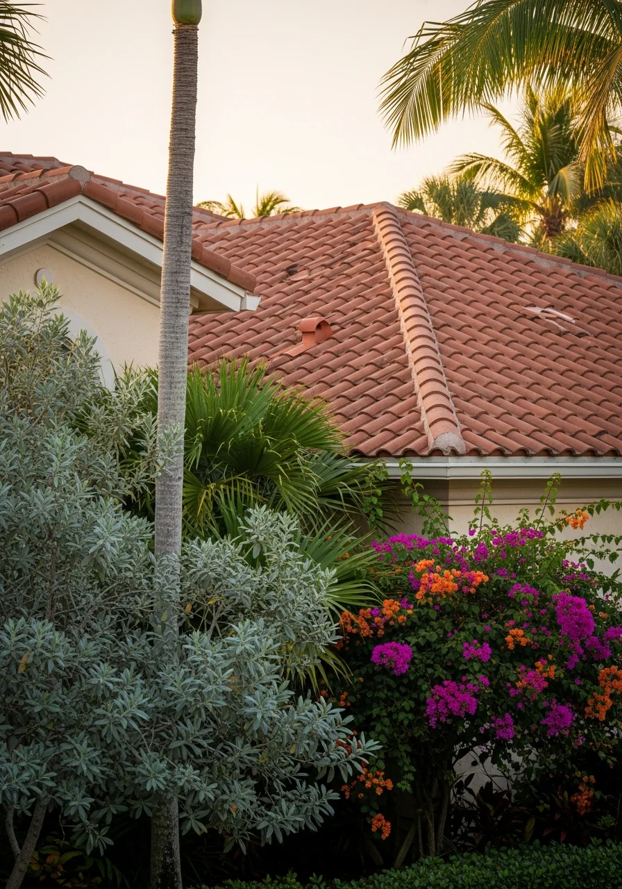 Close-up of a well-maintained Palm Beach County residential property exterior with tropical landscaping and coastal architecture.
