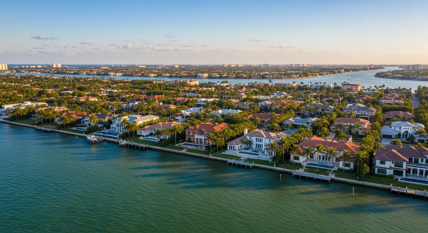 Aerial view of Palm Beach County waterfront properties with ocean, residential neighborhoods, and coastal development visible.