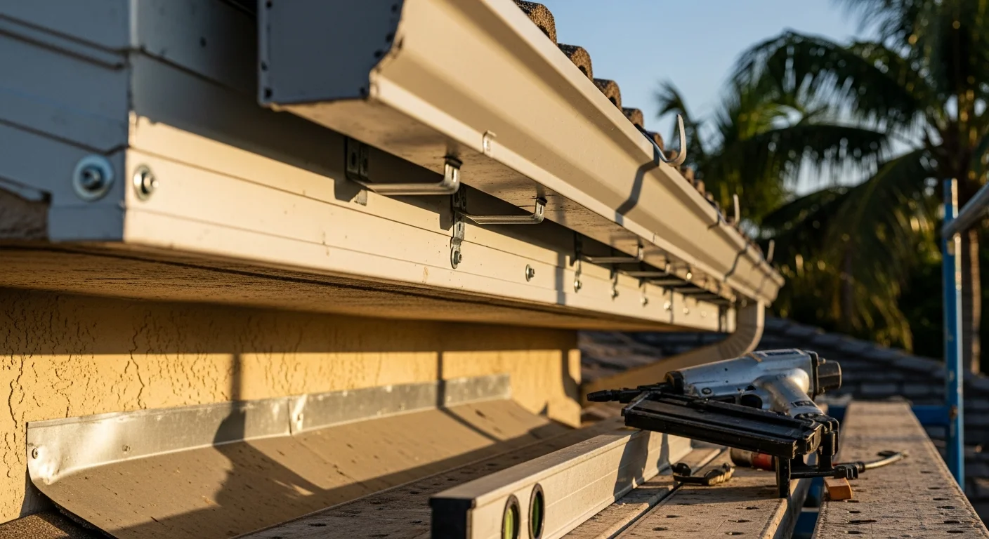 Newly installed fascia boards running along the roofline of a single-family home in Palm Beach County, FL, with clean edges and gutters reattached. The image shows a completed carpenter installation against a typical South Florida residential exterior.