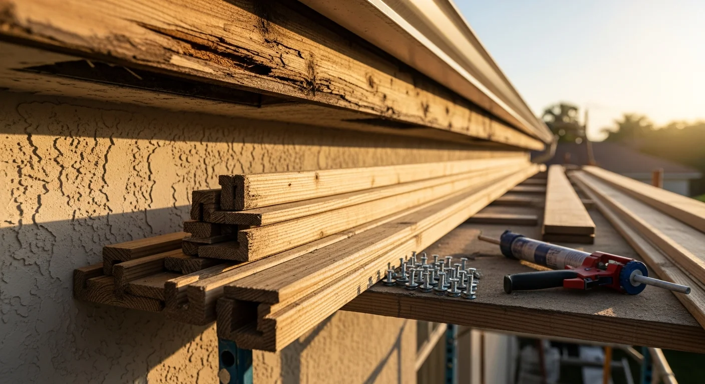 Close-up view of a repaired fascia board along the roofline of a residential home in Palm Beach County, FL, showing clean, properly fitted boards with gutters reattached and no visible rot or water staining.