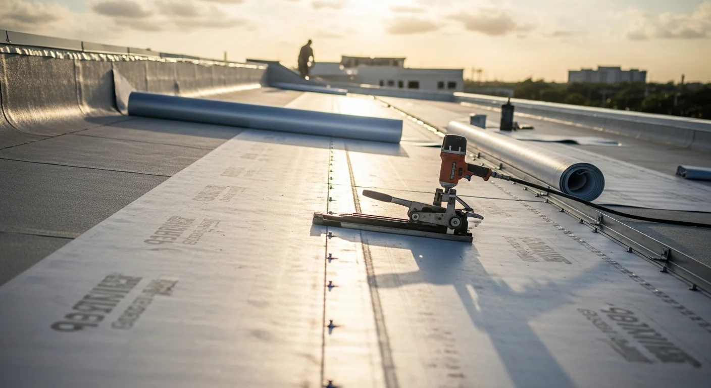 A completed flat roof installation on a residential property in Palm Beach County, Florida, showing a white reflective membrane surface with clean edges and rooftop HVAC equipment. The surrounding landscape reflects the South Florida suburban setting under clear blue skies.