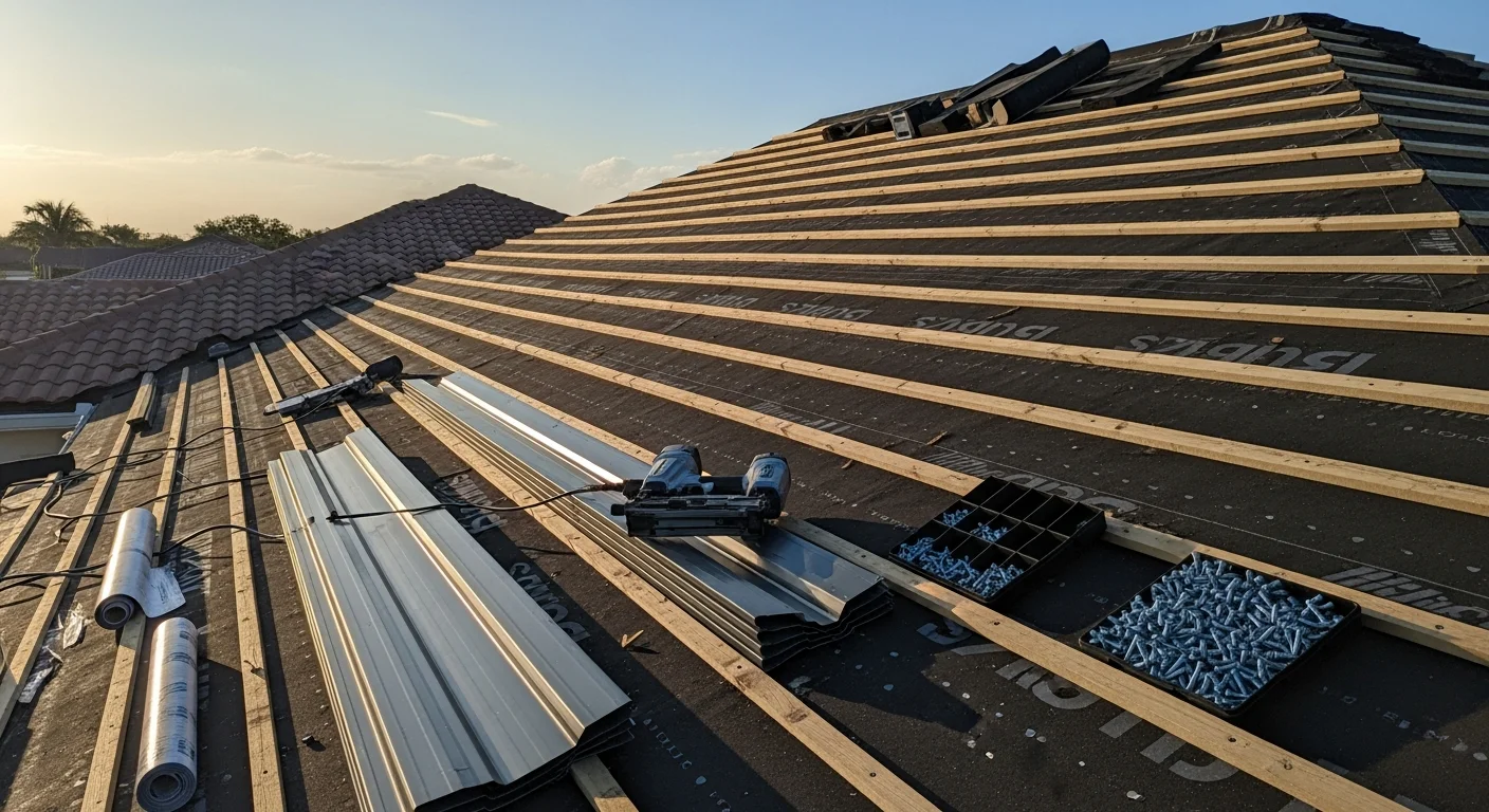 Completed standing seam metal roof installation on a residential home in Palm Beach County, FL. The finished panels run the full length of the roof slope with concealed fasteners and clean ridge detailing visible against a clear South Florida sky.