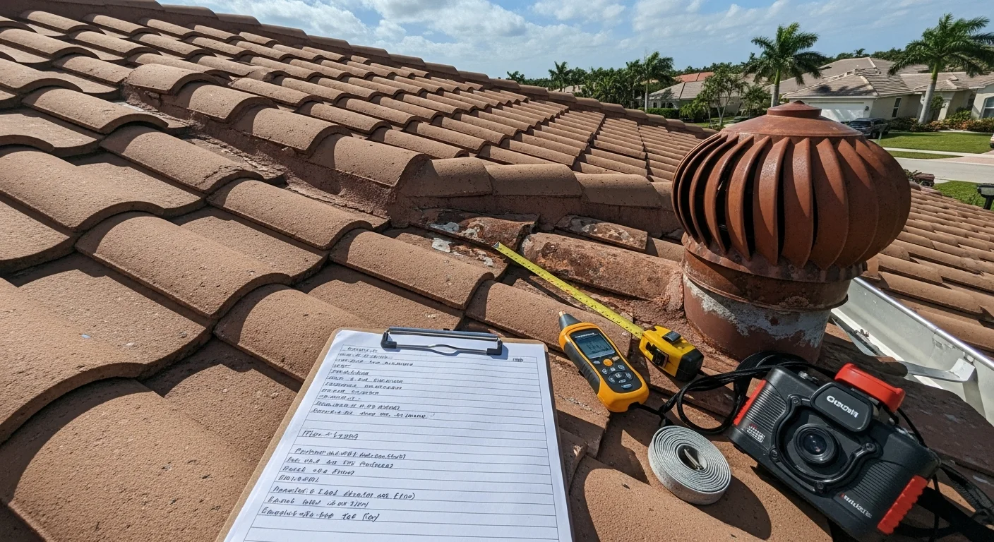 A licensed roofing contractor from Absolute Roofing Inc inspecting a concrete S-tile roof on a single-family home in Palm Beach County, FL. The inspector examines flashing and tile attachment points under clear South Florida sunlight.