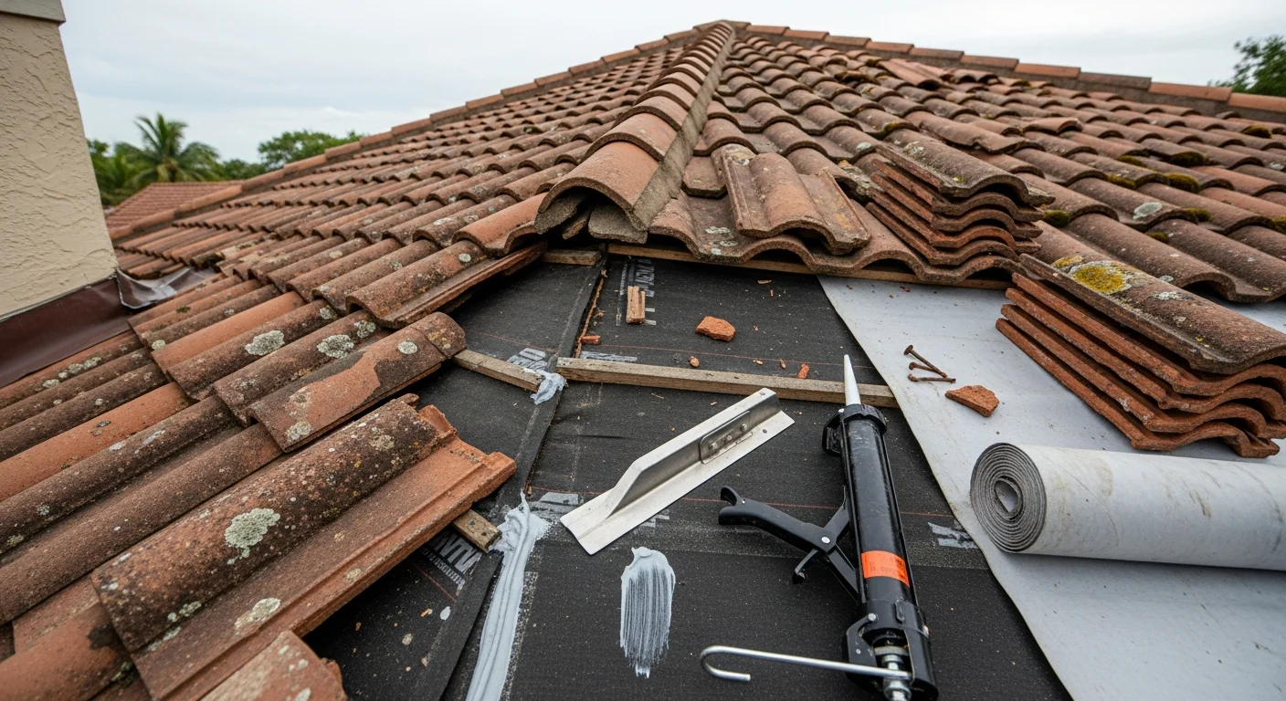 A licensed roofer from Absolute Roofing Inc inspecting and repairing flashing around a roof vent on a tile roof in Palm Beach County, Florida. The repair targets an active leak point on a residential home exposed to South Florida's summer storm season.