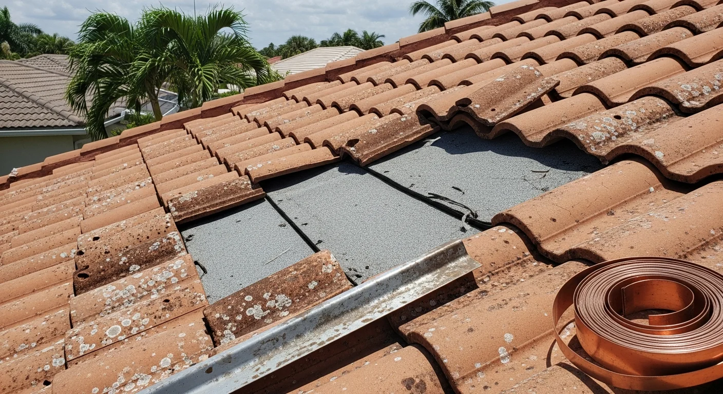 A roofing contractor repairing cracked concrete tile on a residential roof in Palm Beach County, FL, with blue sky and palm trees visible in the background. Close-up view shows replaced tiles and fresh flashing at a roof penetration.