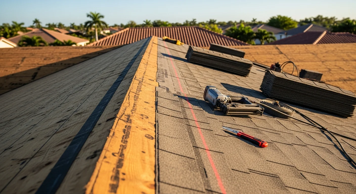 A Palm Beach County residential home with a newly completed shingle roof replacement, showing clean uniform shingle lines and properly sealed ridge and flashing details. The home exterior reflects the low-pitch roof style common to South Florida construction.