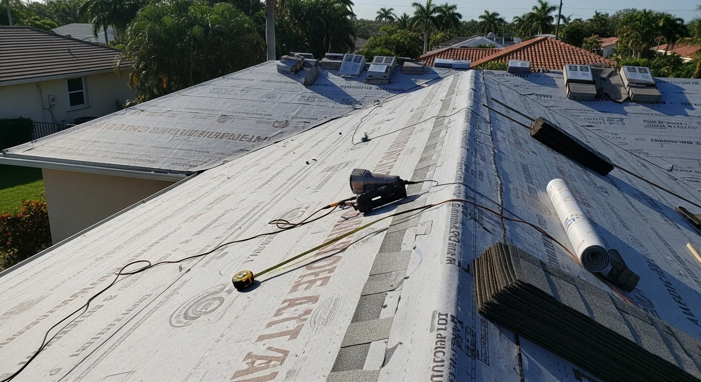 A completed shingle roof installation on a single-family home in Palm Beach County, Florida, showing uniform shingle rows, finished ridge cap, and sealed flashing around roof penetrations. The home reflects the low-slope residential style common across Palm Beach County neighborhoods.
