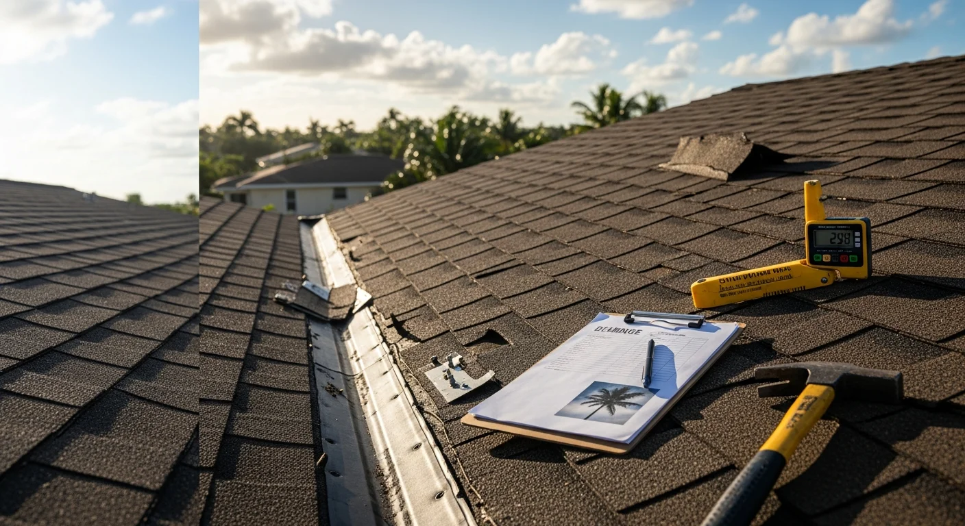 A Palm Beach County home roof being inspected after storm damage, showing lifted shingles and displaced flashing along the eave line. A roofing technician from Absolute Roofing Inc documents the damage on a sun-exposed tile roof typical of South Florida residential construction.