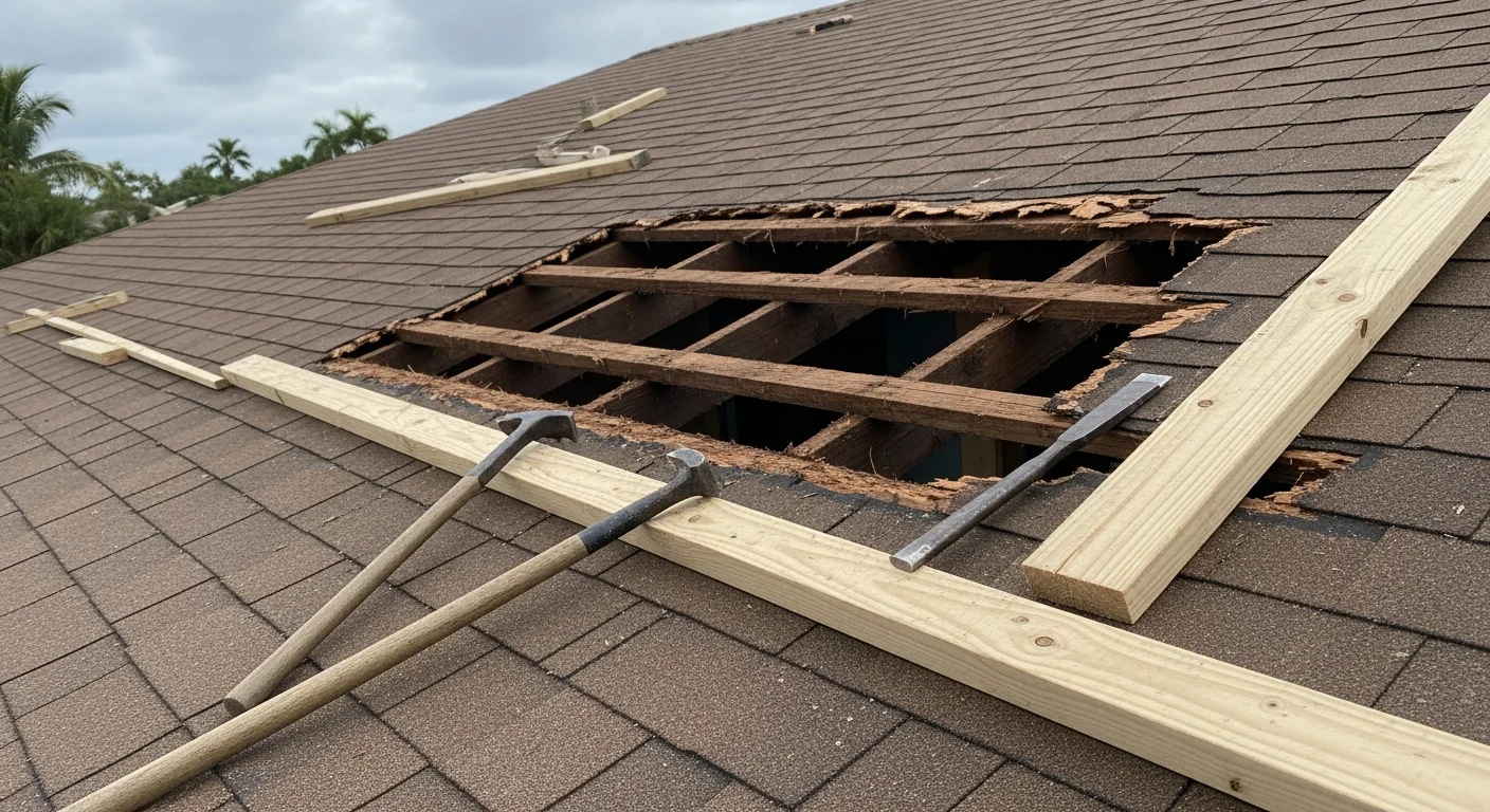 A Palm Beach County home's roof framing with rotted rafter sections removed and new structural lumber installed alongside repaired roof decking. Close-up shows clean replacement wood fitted against sound existing framing on a residential roofline.