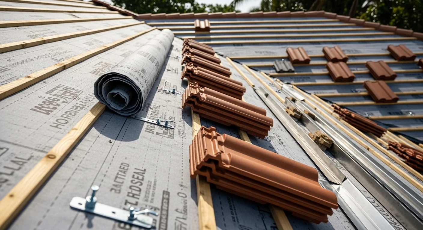 A newly installed tile roof on a single-family home in Palm Beach County, Florida, showing uniform tile rows, finished hip ridges, and sealed flashing around roof penetrations. The home sits under a clear South Florida sky, with the tile profile typical of residential construction in the area.