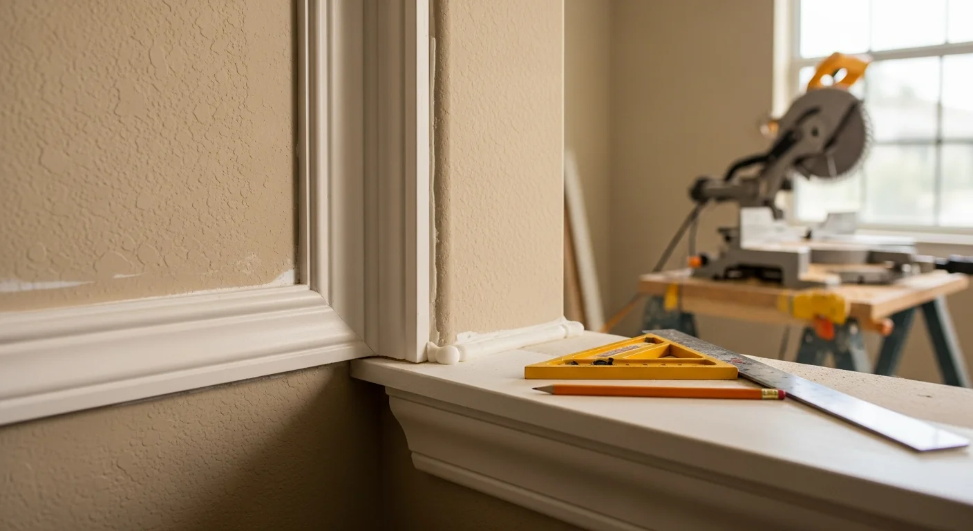 Freshly installed white crown molding and baseboards in a residential living room in Palm Beach County, FL. Clean miter joints meet at interior corners where the wall meets the ceiling and floor.
