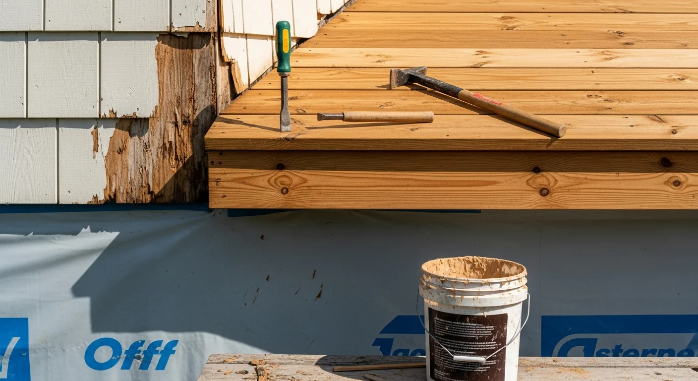 A carpenter repairing rotted fascia board on a residential home exterior in Palm Beach County, FL. The image shows deteriorated wood being replaced along the roofline with fresh sealed lumber.